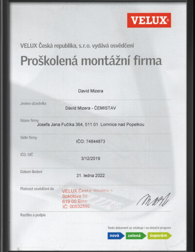 Certifikát Velux