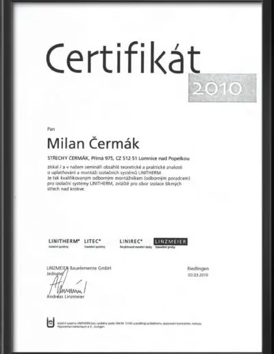 Certifikát Linitherm 2010