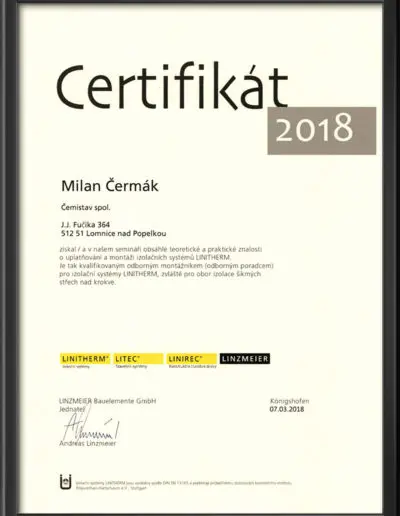 Certifikát Linitherm 2018